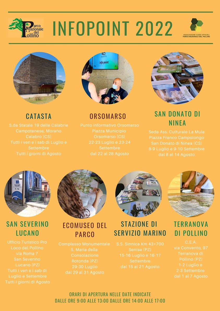 Infopoint dell’Ente Parco Nazionale del Pollino, coordinati e presidiati dall’Associazione Guide Ufficiali.